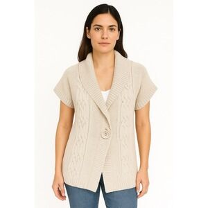 Croft & Barrow Womens Beige Knit M Sweater Button Front Cardigan Short Sleeve